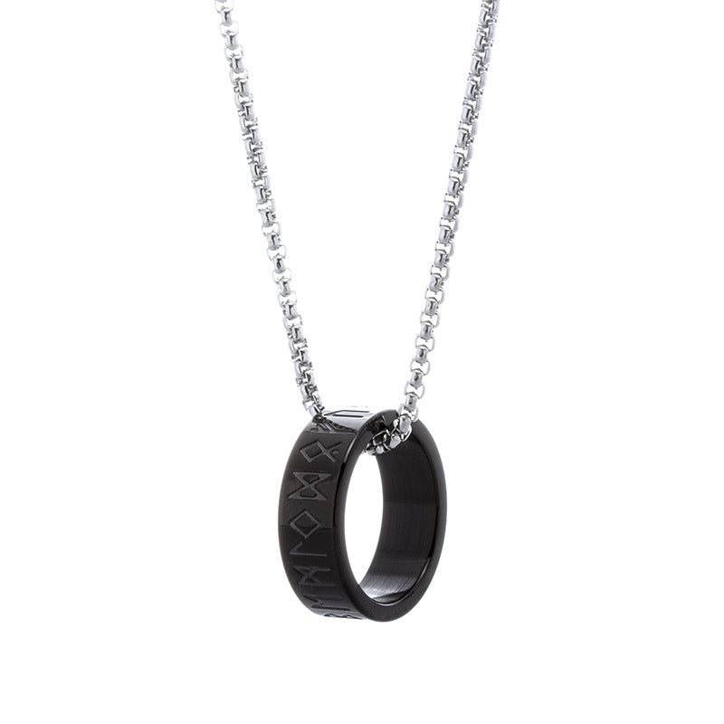 Norse Rune Titanium Steel Necklace with Pearl Chain and Versatile Ring Pendant for Men
