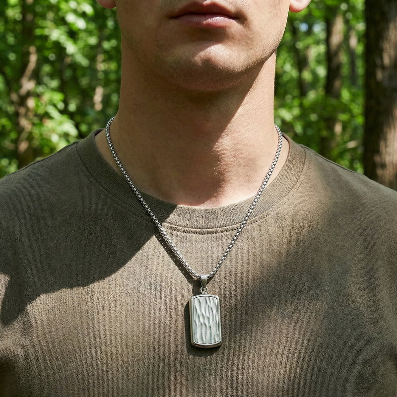 Military Brand Square Pearl Chain Necklace, And Wave Pattern Square Brand Stainless Steel