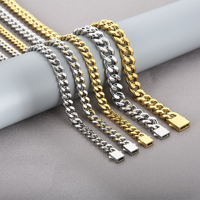 Stainless Steel Cuban Chain Bracelet, Rock Street Men's Vacuum Plated Four-Sided Grinding Square Necklace
