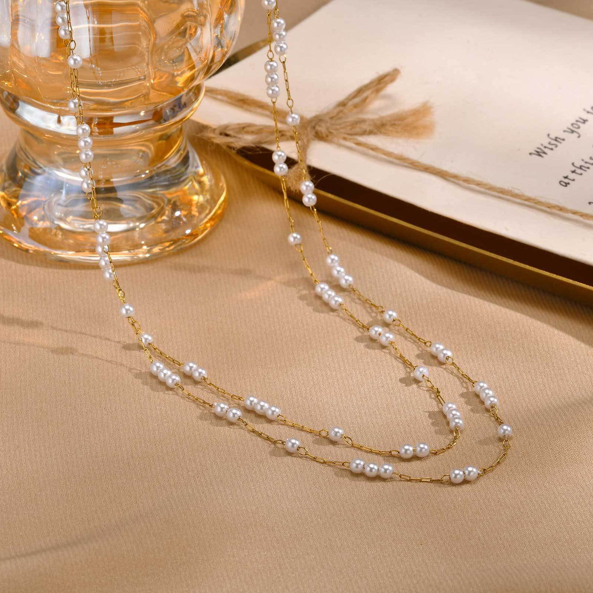 Ladies Stainless Steel Imitation Pearl Double Layer Stacked Gold Necklace