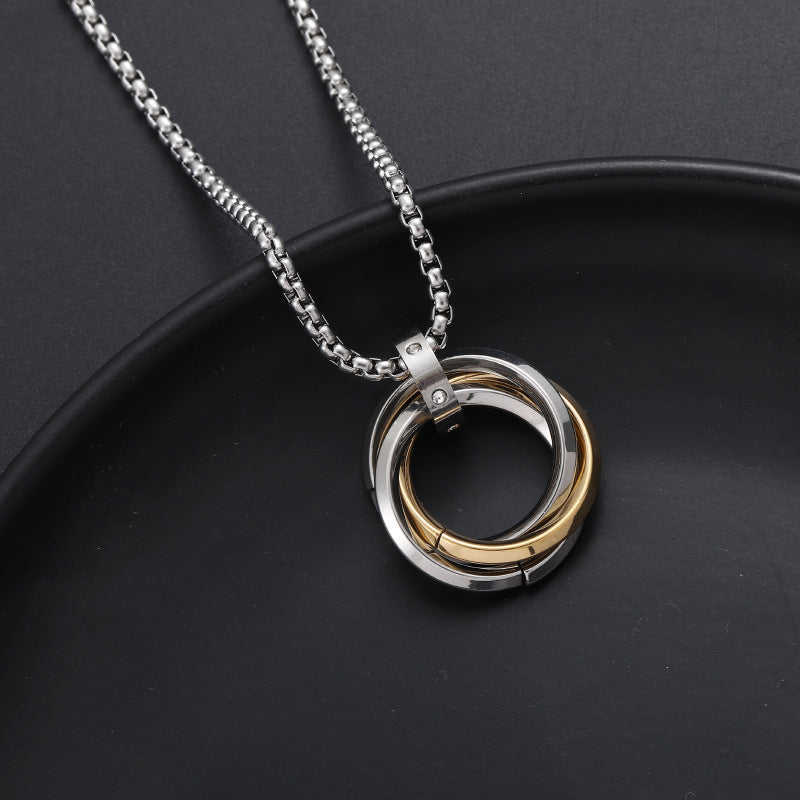 Mens Necklace Hip Hop Three Ring Pendant Titanium Steel Jewelry by Planderful Everyday Genie Collection
