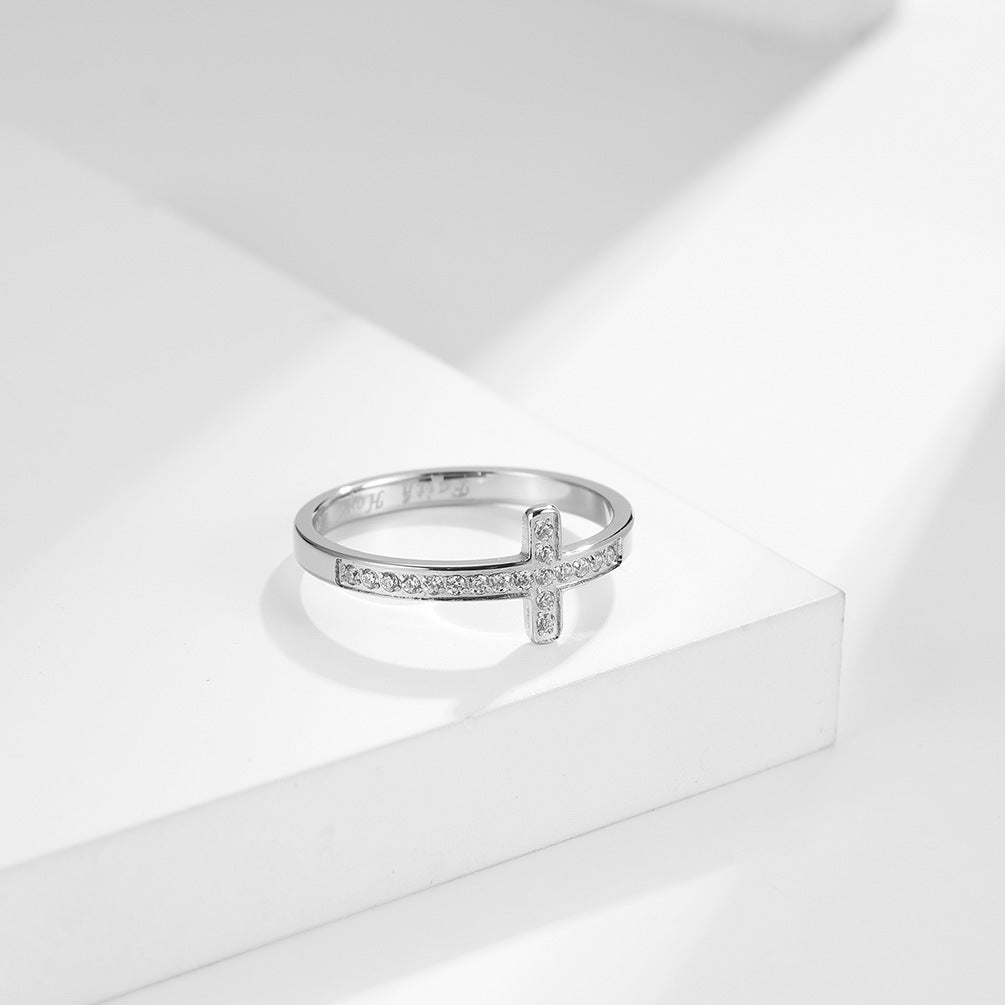 Planderful Titanium Inlaid Zircon Cross Ring Unisex For Engagement And Proposal European And American Style