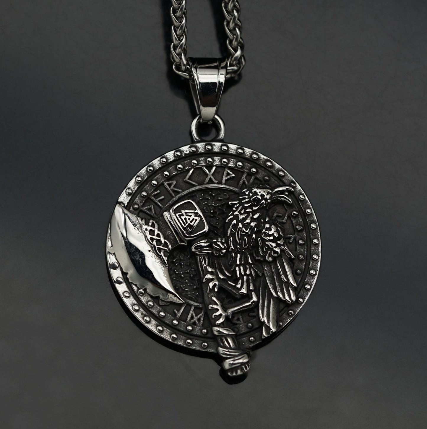 Steel Necklace – Statement Nordic Viking Axe Raven