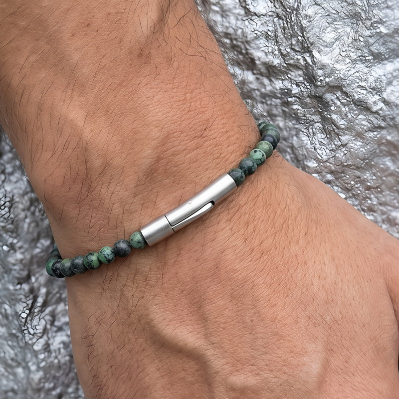 Beaded Bracelet Tiger's Eye Stone Black Agate Stainless Steel Snap Button Unisex Bracelet.