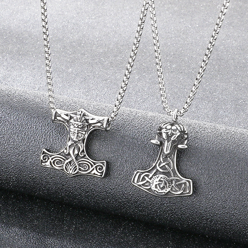 Nordic Viking Thor'S Hammer Odin Pendant, Vintage Celtic Knot Sheephead Stainless Steel Men's Necklace