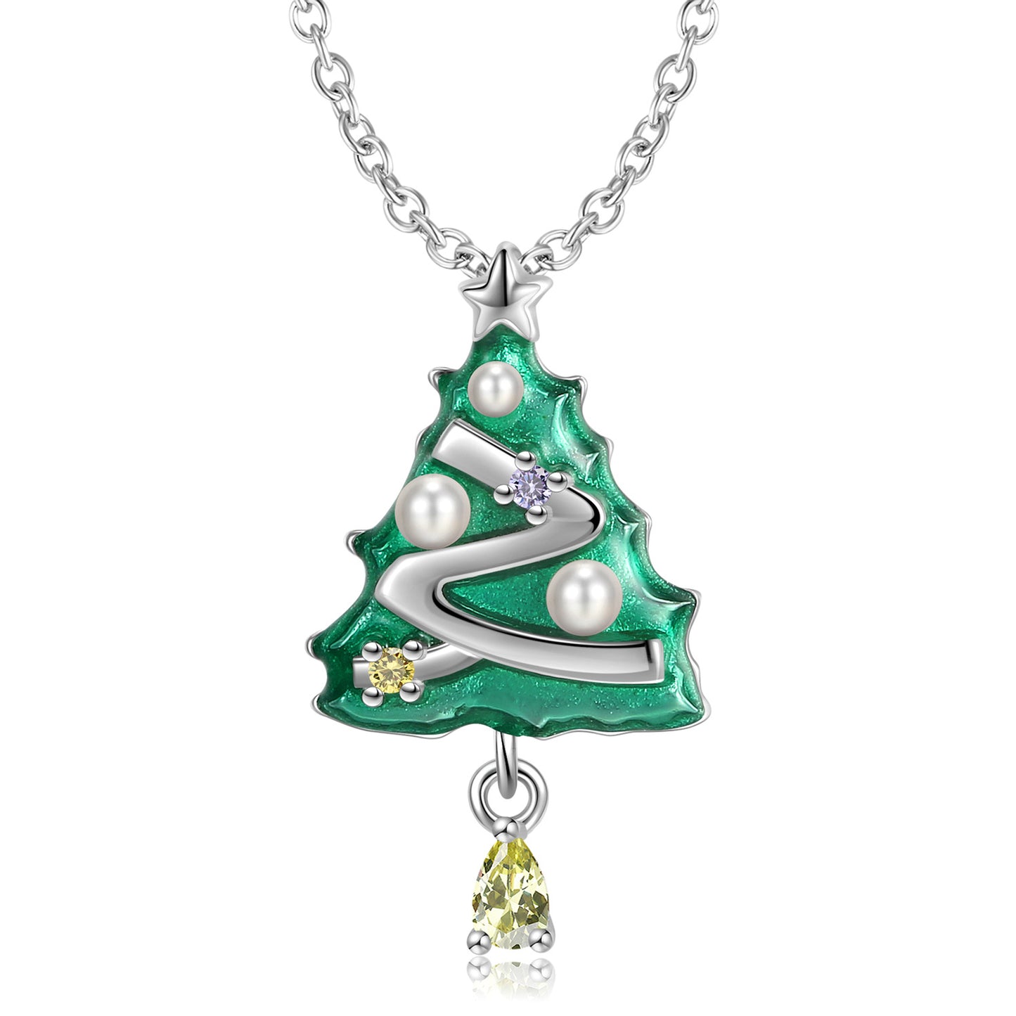 Christmas Tree Pendant Pear Drop Yellow Zircon Silver Necklace