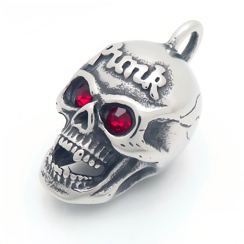 Punk Red Diamond Eye Skull Titanium Steel Pendant Halloween Vampire Head Men's Necklace