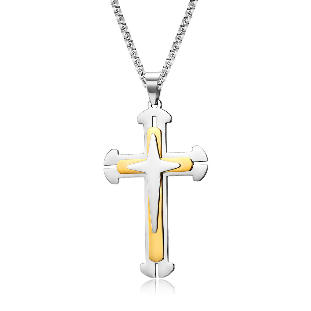 Planderful Titanium Steel Three Layer Slit Cross Pendant For Punk Style Lovers And Bold Everyday Wear