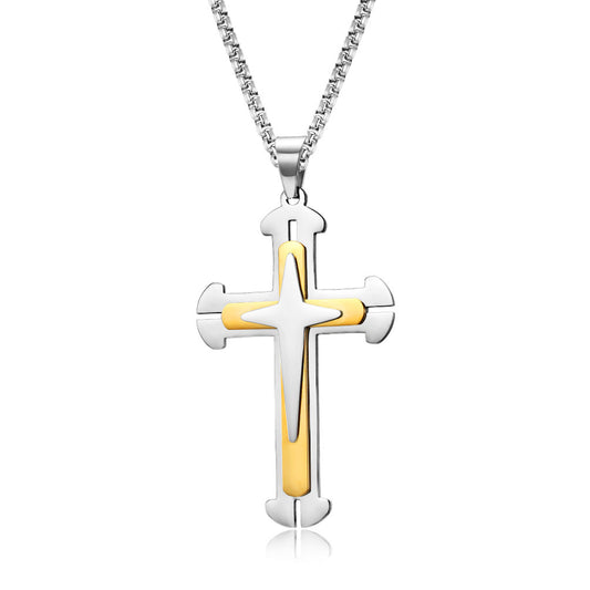 Planderful Titanium Steel Three Layer Slit Cross Pendant For Punk Style Lovers And Bold Everyday Wear