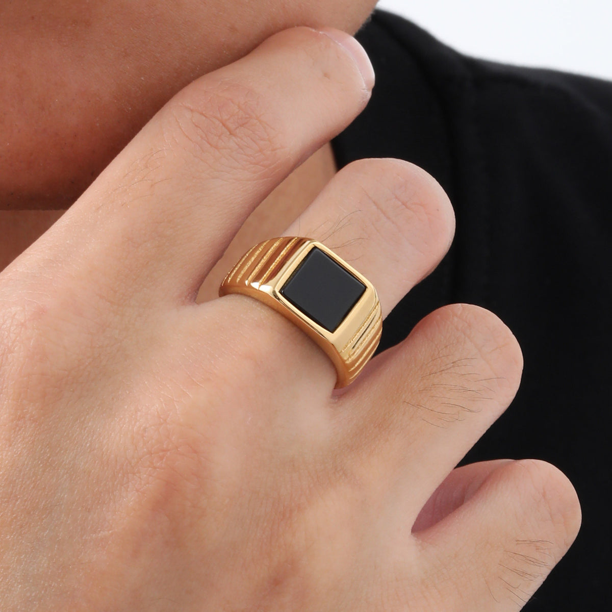 Unisex Neutral Stainless Steel Square Black Agate Gold Ring