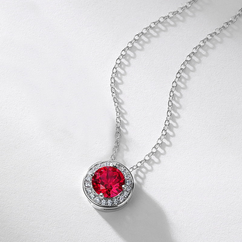 S925 Sterling Silver Lab-Grown Gemstone Round Pendant Necklace
