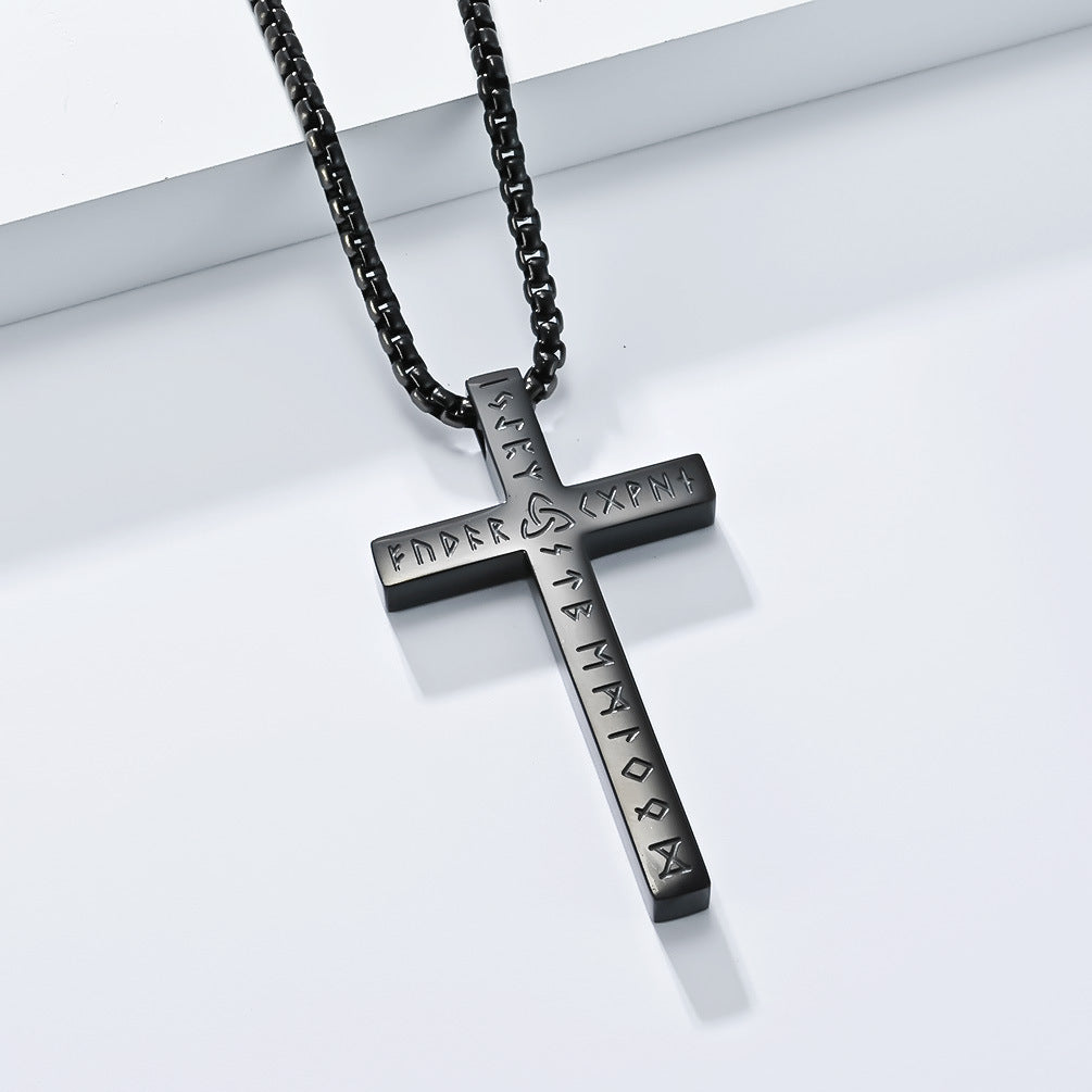 Planderful Luhn Rune Smooth Cross Pendant Necklace Titanium Steel For Men Nordic Viking Jewelry