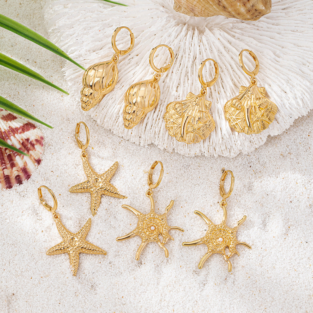 Planderful Vienna Verve Earrings – Ocean-Inspired Metal Starfish and Conch Design