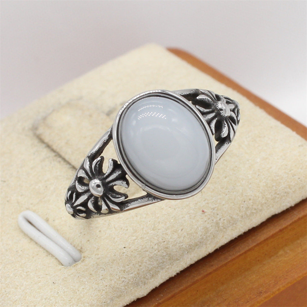 Planderful Titanium Steel Ring For Men Unisex Retro Cross Flower Oval Stone Durable