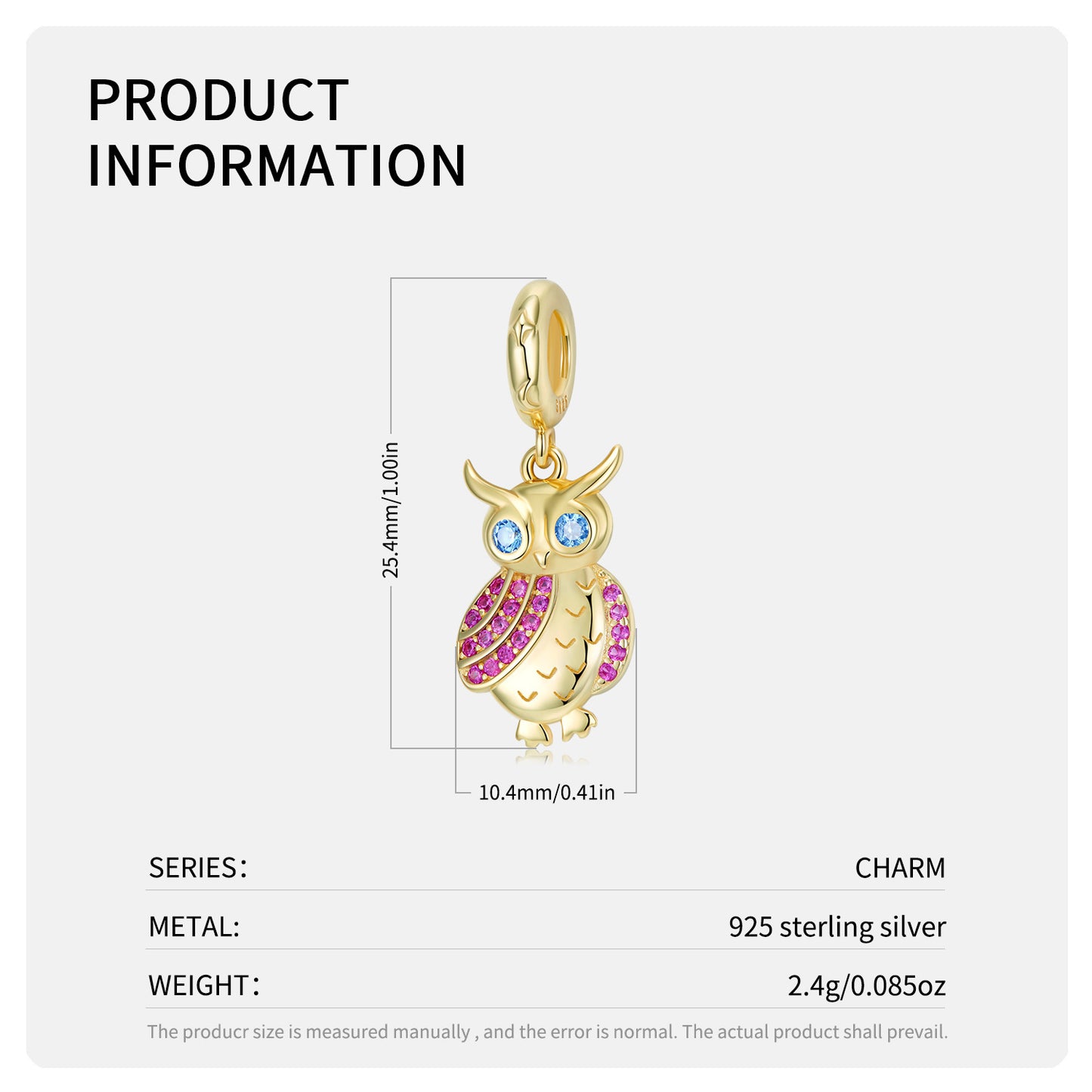 Planderful Jewelry Owl Zircon Pendant Necklace Sterling Silver Gold Plated Finish