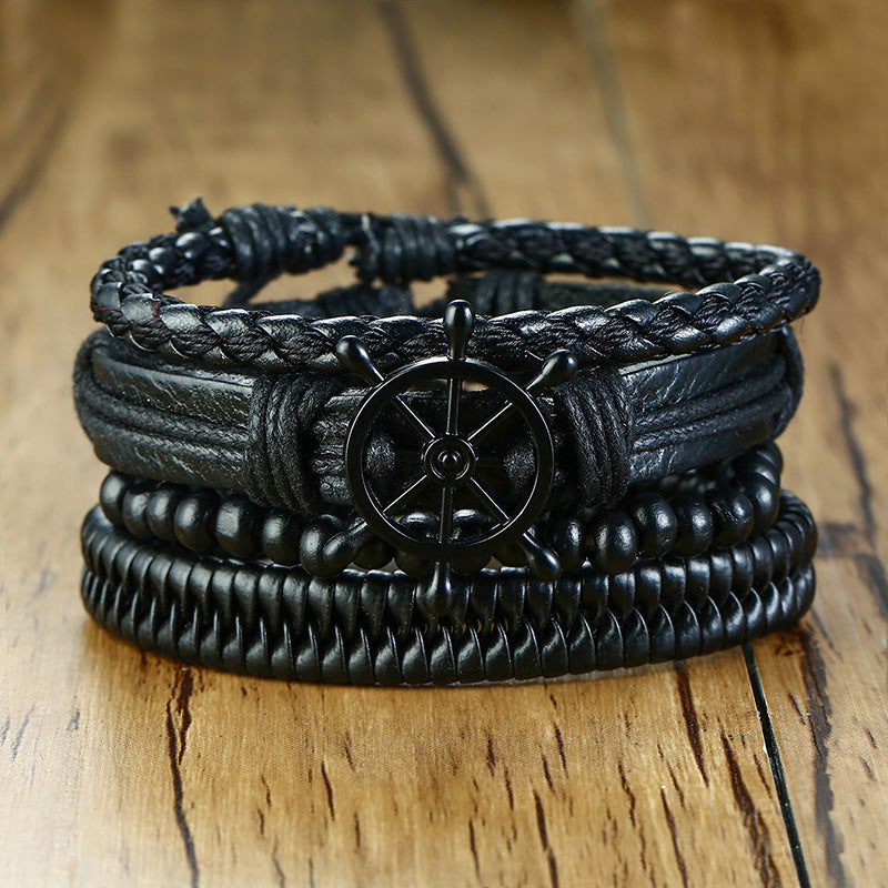 Alloy Rudder Black Wooden Bead PU Leather Woven Bracelet Set