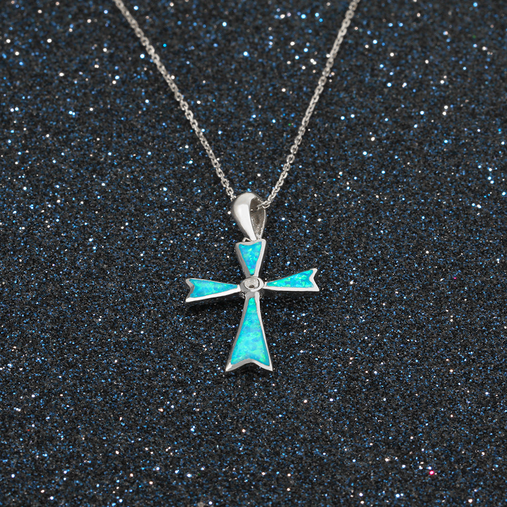 Planderful Jewelry Opal Cross Necklace Sterling Silver
