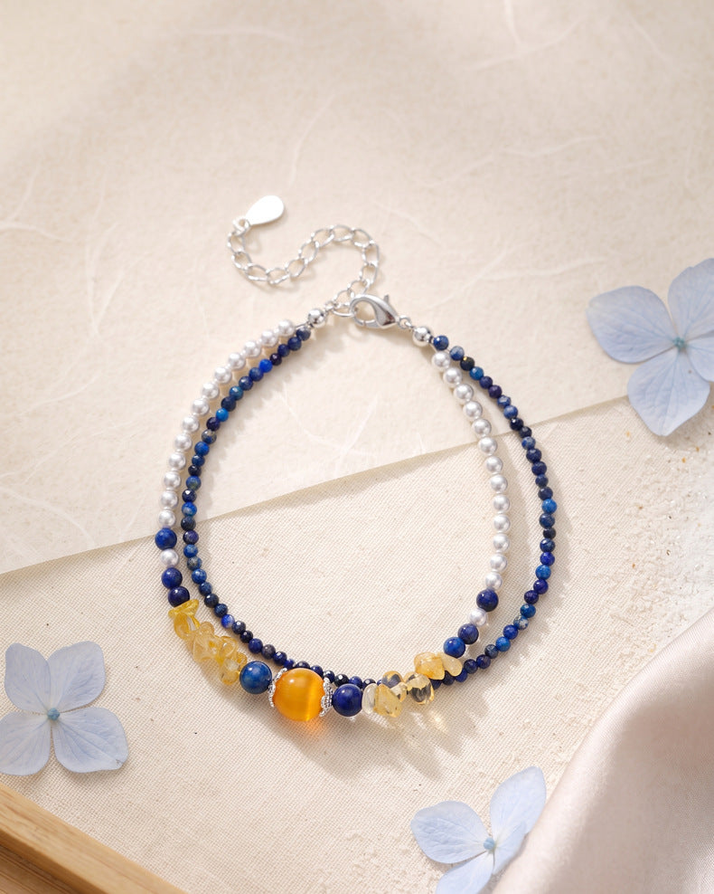 Lapis Lazuli Citrine Pearl Double-Wrap Bracelet