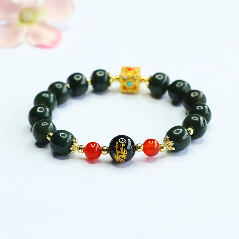 Hetian Jade Agate Dragon Vintage Bead Bracelet