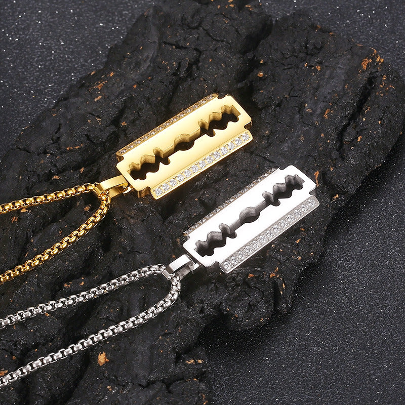 Hip Hop, Rock Street Vacuum Plated Cnc Inlaid Zircon Blade Square Pearl Titanium Necklace