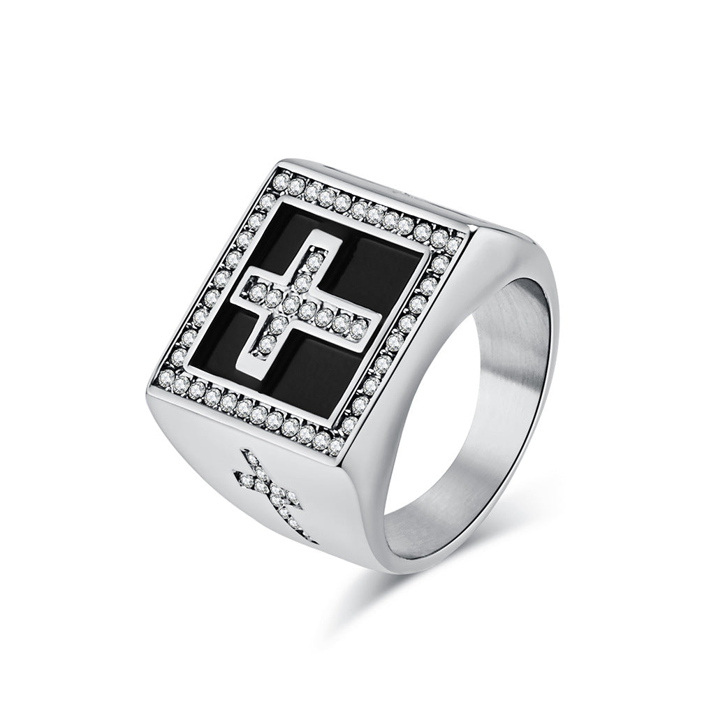 Planderful Hip Hop Ring For Men Zircon Cross Square Seal Plated Titanium Steel Bold Statement