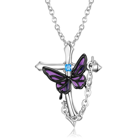 Purple Butterfly Cross Pendant Silver Necklace