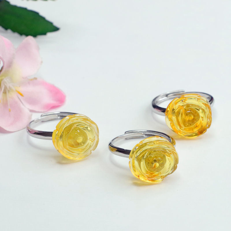 Yellow Amber and Sterling Silver Rose Ring