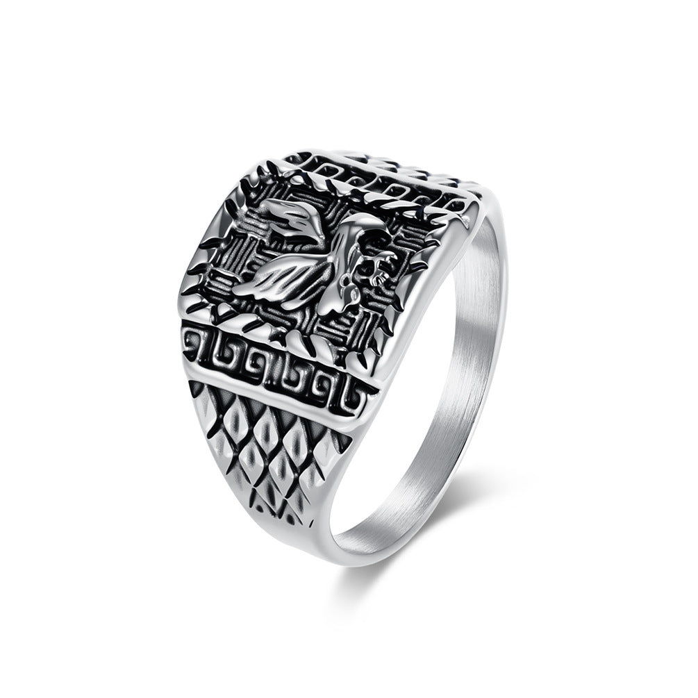 Planderful Geometric Stainless Steel Ring For Men With Spreading Eagle Design Bold Statement Jewelry