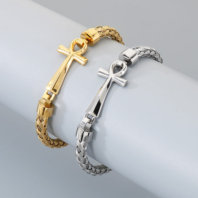 Stainless Steel Braided Wire Bracelet Ancient Egyptian Charm Of Life Anka Cross Men's