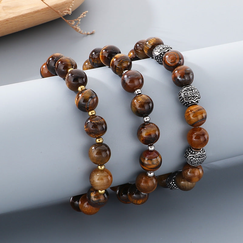 Bracelet – Tiger's Eye Stone Beaded Stainless Steel Round Beads With Extension Chain