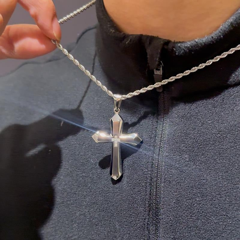 Trend jewelry European and American zircon cross necklace titanium steel men's hip-hop personality stainless steel pendant