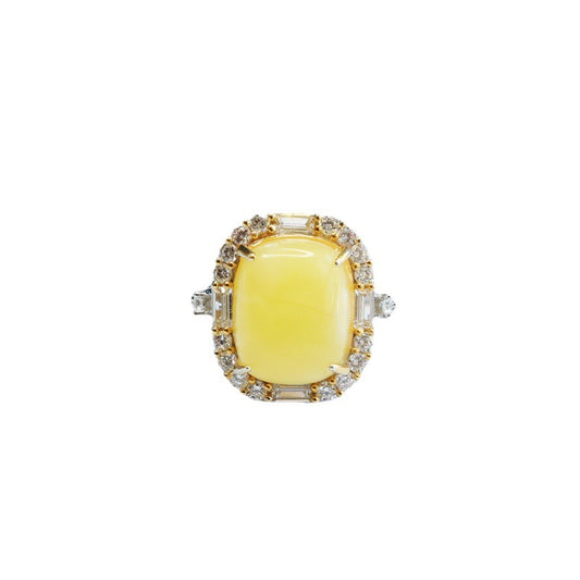 Sterling Silver Natural Yellow Amber Beeswax Zircon Halo Ring