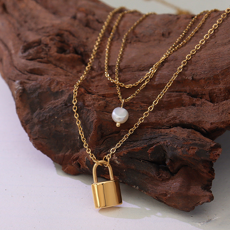 Golden Pearl Lock Necklace with Triple Layers