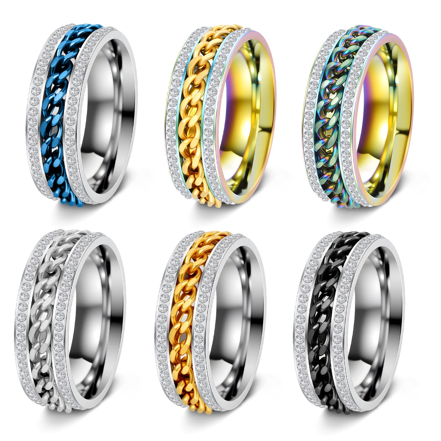 Planderful Everyday Genie Stainless Steel Rotatable Chain Double Row Zircon Couple Ring For Unisex