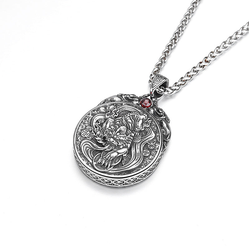 Steel Necklace – Elegant Long Pixiu Ethnic Stone Inlaid Design With Wutai Mountain Motif For Men