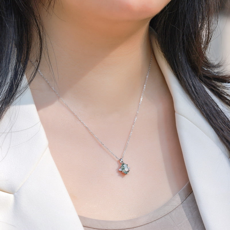 S925 Sterling Silver Moss Agate Geometric Pendant Necklace