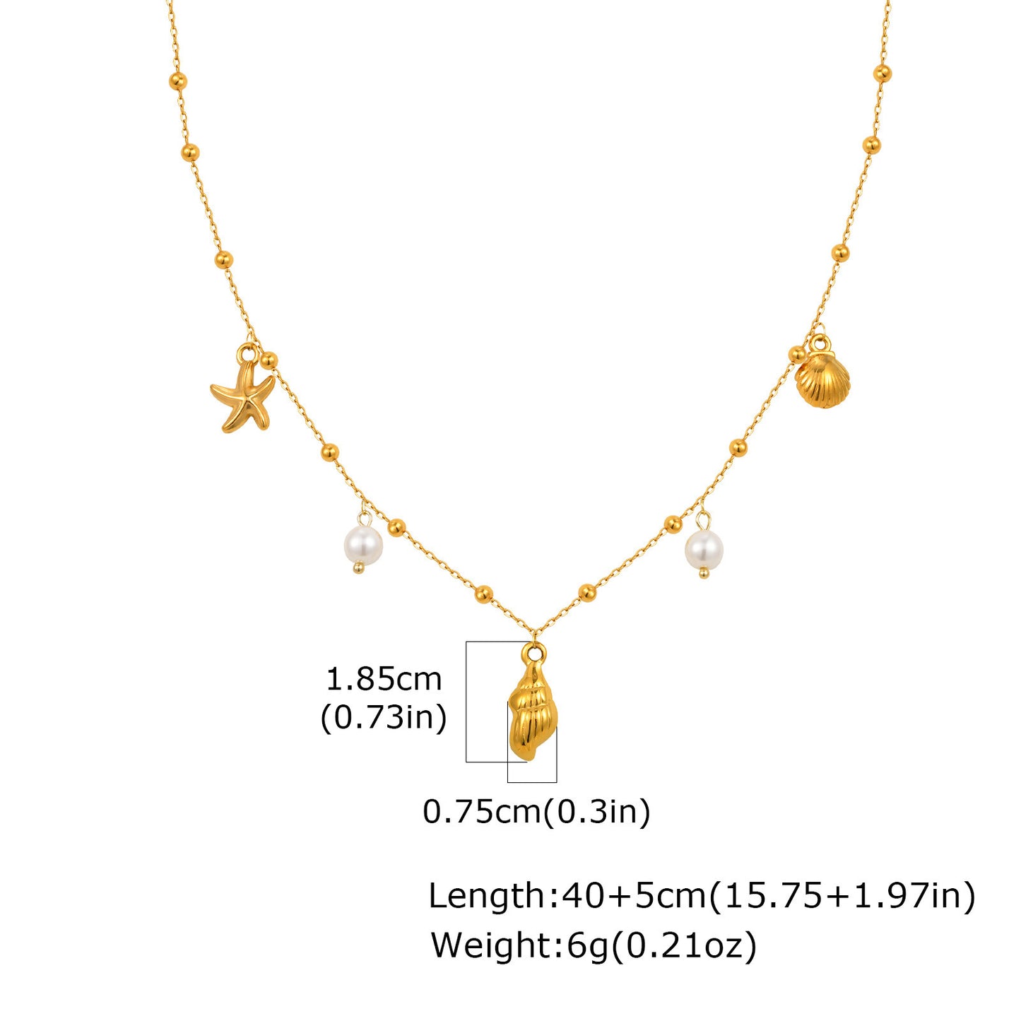 Summer Leisure Seaside Ocean Wind Stainless Steel Imitation Glass Pearl Conch Lady Necklace