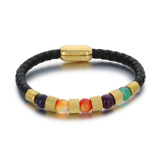 Planderful Men Magnetic Buckle Quartz Stone Leather Bracelet