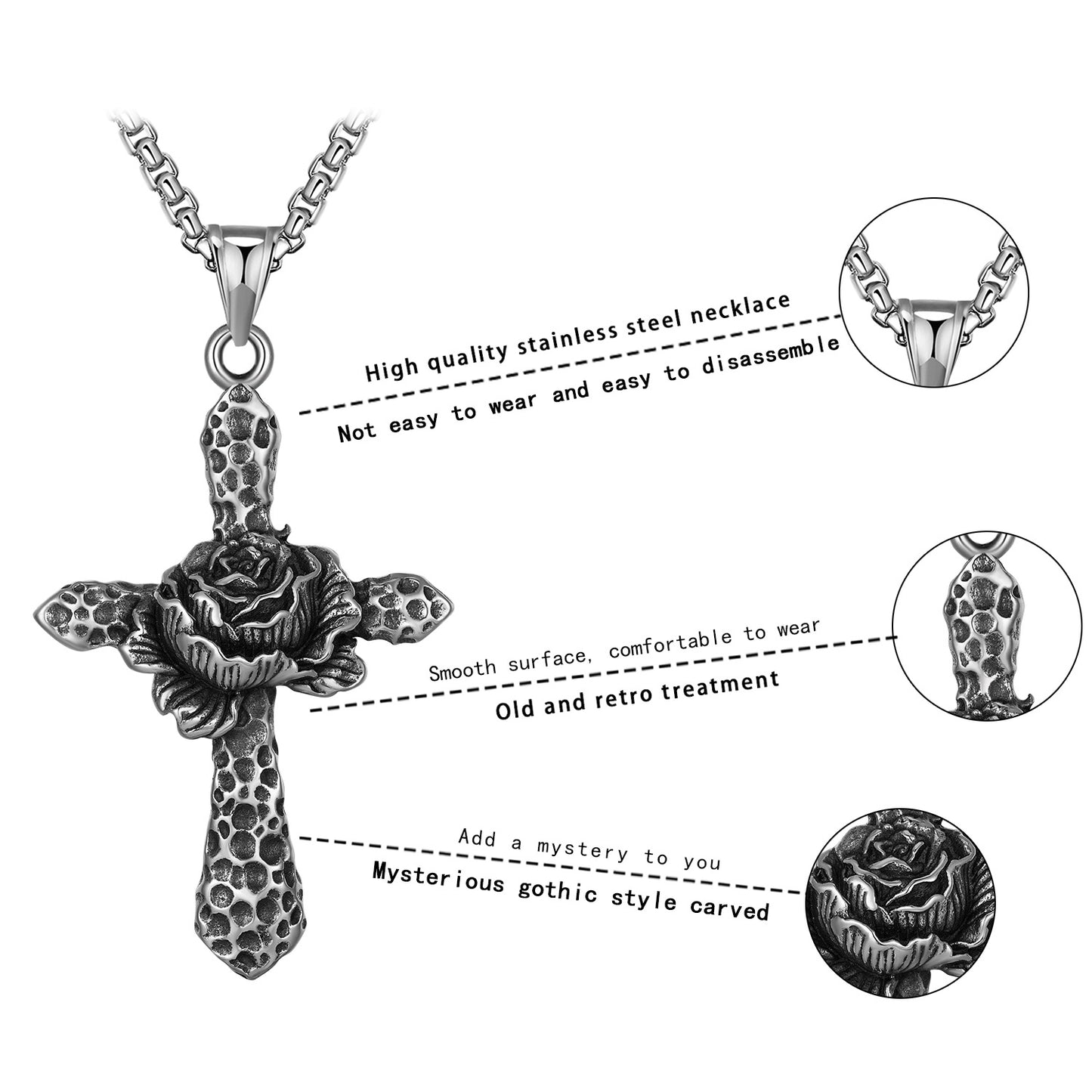 Steel Necklace - Vintage For Men And Women Thorn Rose Cross Pendant Hip Hop Style