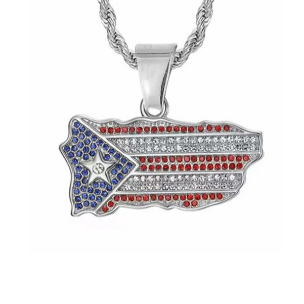 Planderful Hip Hop Puerto Rican Flag Pendant Necklace Stainless Steel Zircon Diamonds Unisex Statement
