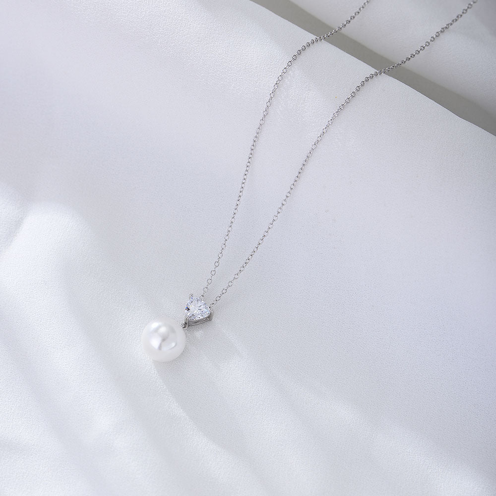 S925 Sterling Silver Heart-Shaped Zircon Pearl Necklace Sense