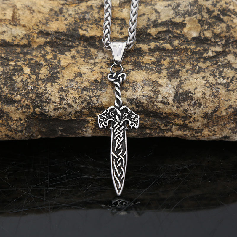 Cross-Border Foreign Trade Supply Stainless Steel Double Wolf Longsword Necklace for Men