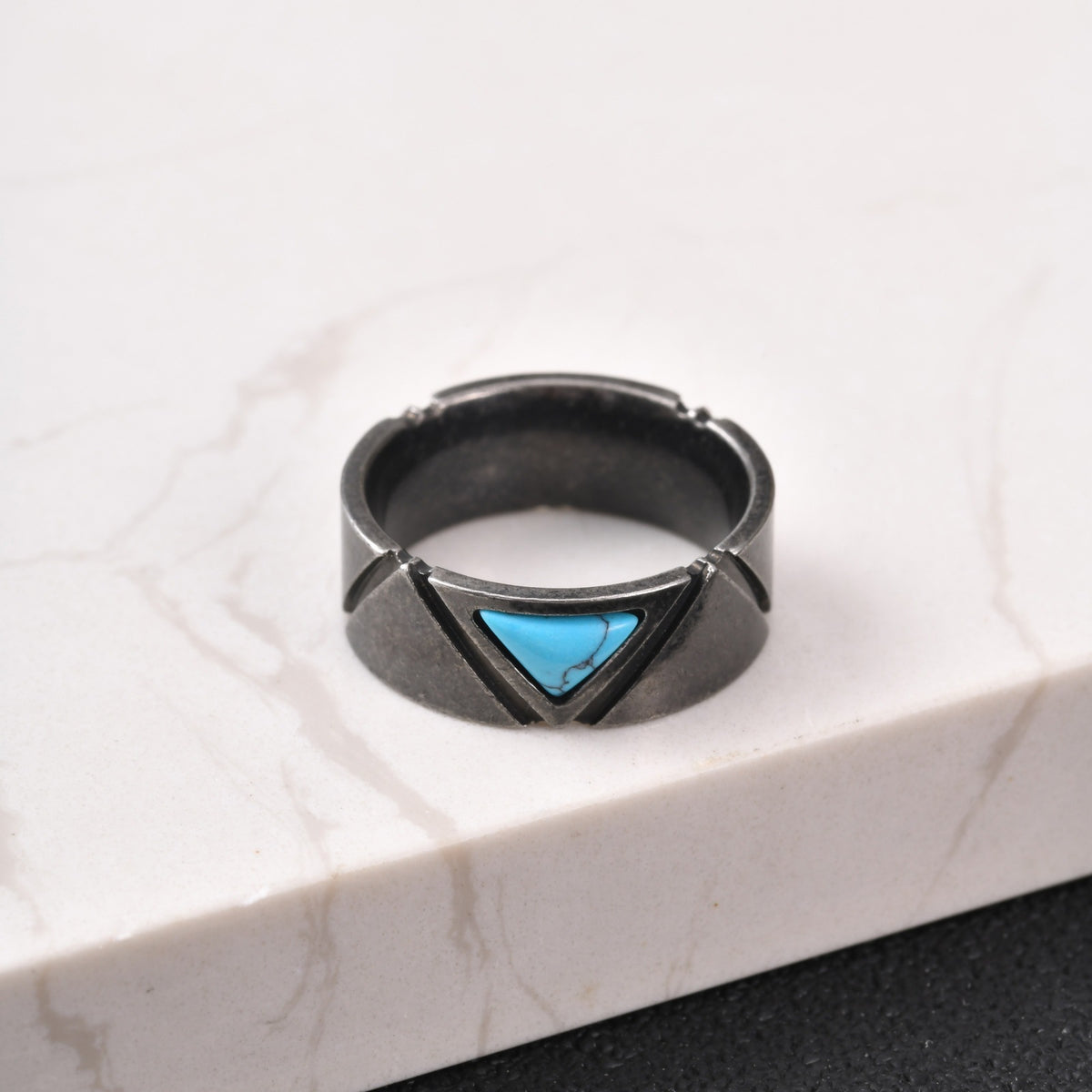 Stainless Steel Triangular Turquoise Ring Cool Man Gray