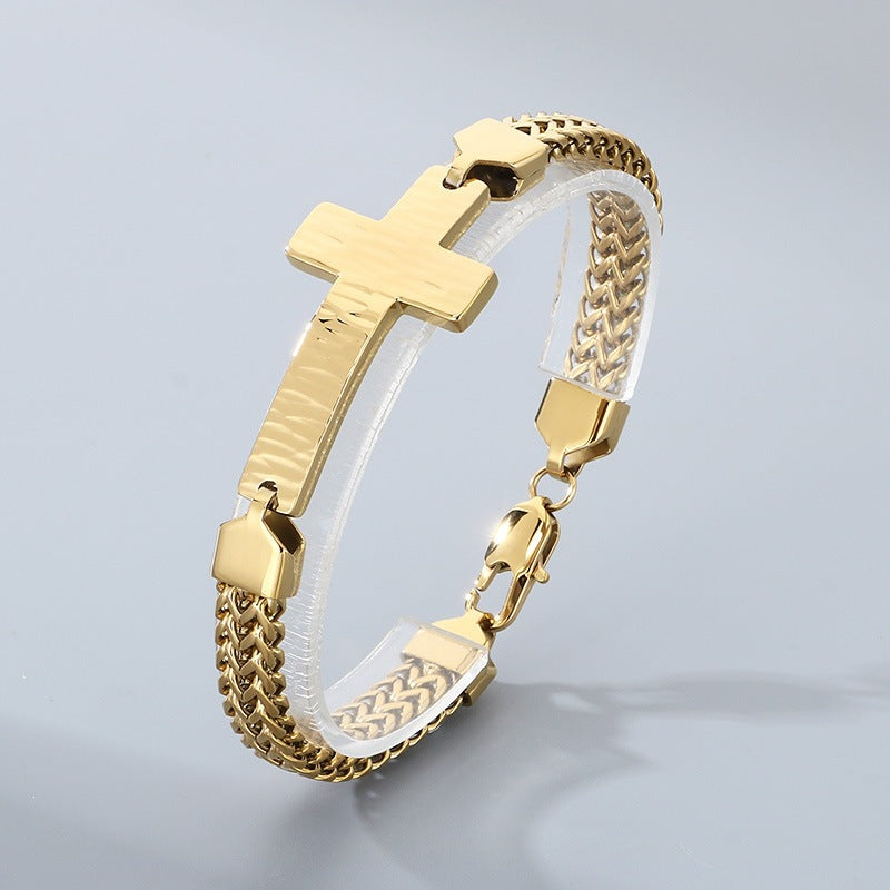 Double-Row Keel Chain Bracelet – Hammer Pattern Texture Bending Brand Cross – Stainless