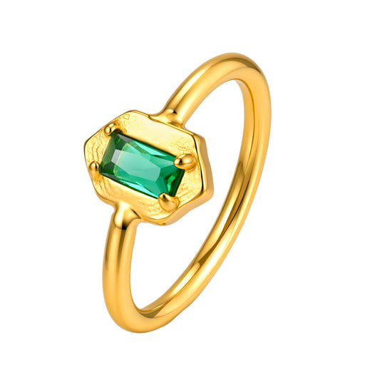 Small Plain Ring Women's Square Stainless Steel Hexagonal Green Zircon Geometric