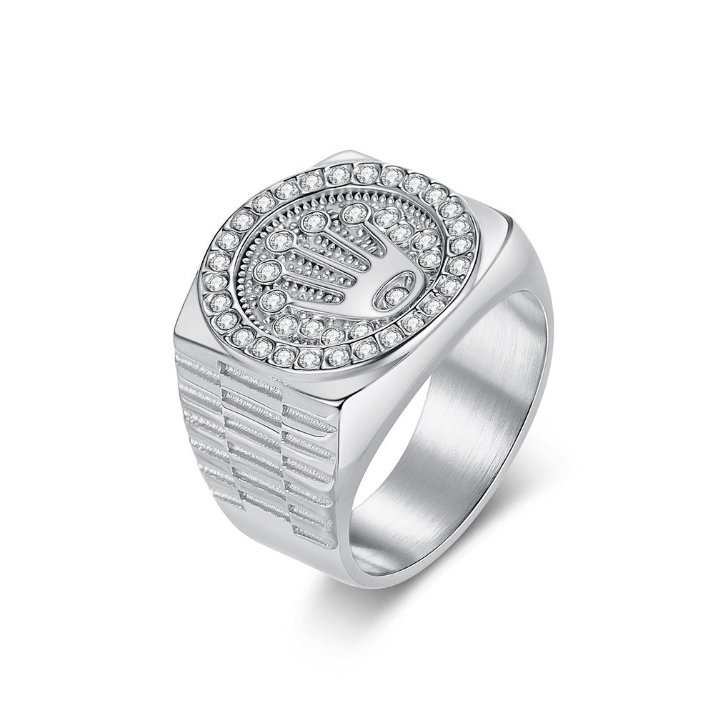 Planderful Titanium Steel Crown Ring For Men With Full Zircon Trendy Nightclub Hip Hop Accessory