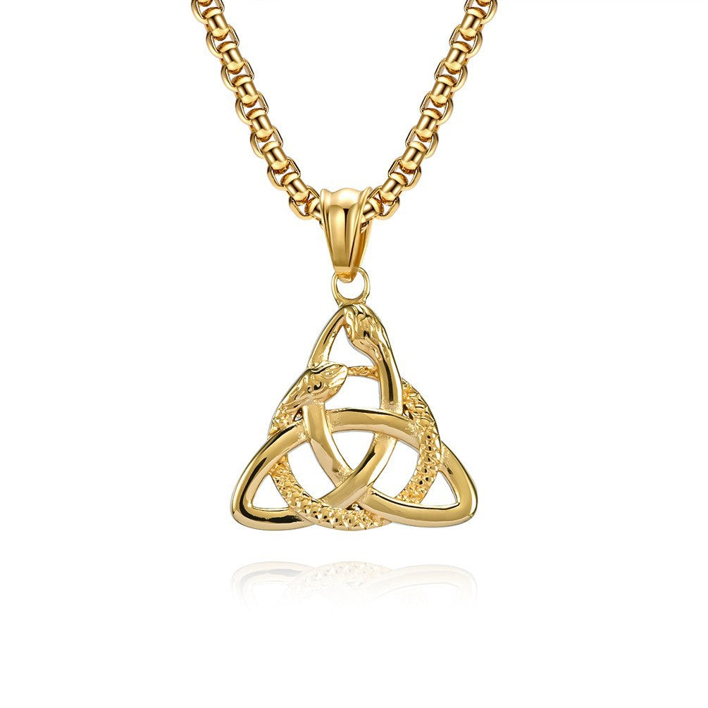 Planderful Viking Double Headed Snake Triangle Knot Necklace For Men Durable Titanium Steel Eternal Knot Pendant