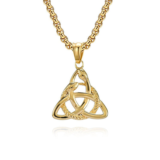 Planderful Viking Double Headed Snake Triangle Knot Necklace For Men Durable Titanium Steel Eternal Knot Pendant