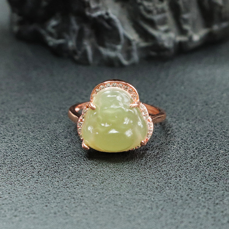 Yellow Buddha Ring with Natural Hotan Jade and S925 Sterling Silver - Unique Elegance and Positivity