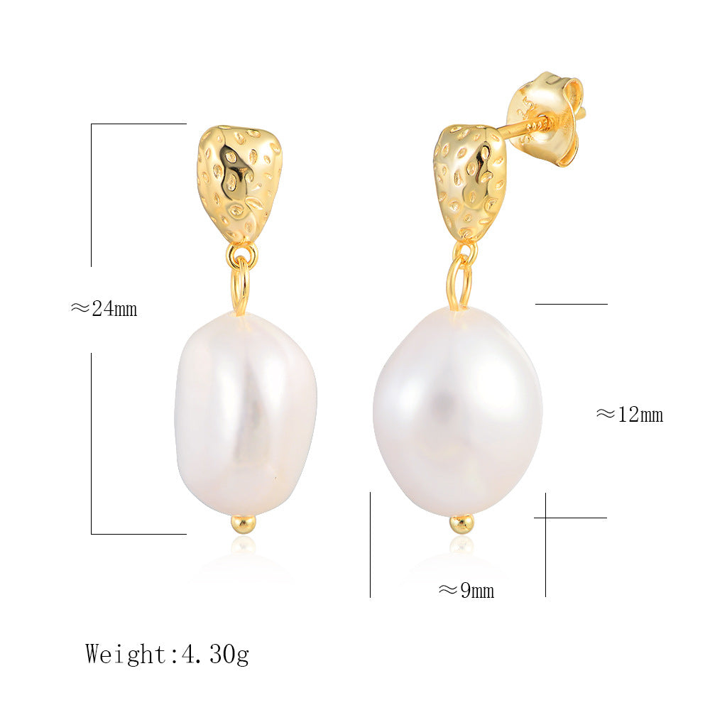 S925 Sterling Silver French Retro Baroque Natural Pearl Stud Earrings Light